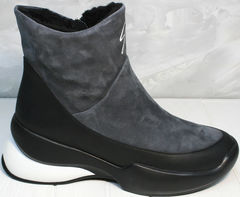 Зимние женские ботинки без шнурков Jina 7195 Leather Black-Gray