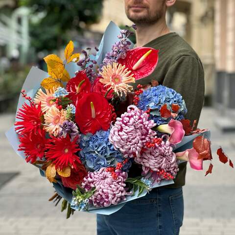 Bouquet «Passion of Scorpio», Flowers: Anthurium, Hydrangea, Chrysanthemum, Gerbera, Delphinium, Oxypetalum, Zantedeschia, Pion-shaped rose