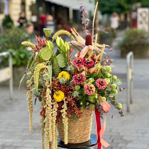 Interesting autumn composition «Harvest Field», Flowers: Rosa, Helleborus, Eryngium, Setaria, Amaranthus, Nelumbo, Zinnia, Leucadendron, Eucalyptus, Corn, Pumpkin