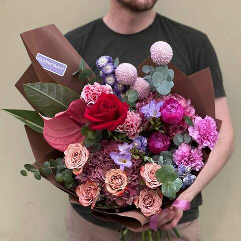 Bouquet «Enchanting Dance», Flowers: Hydrangea, Rose, Anthurium, Dianthus, Freesia, Chrysanthemum, Eucalyptus