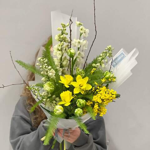 Bouquet «Light breath», Flowers: Narcissus, Mimosa, Delphinium, Tulipa, Ambrella