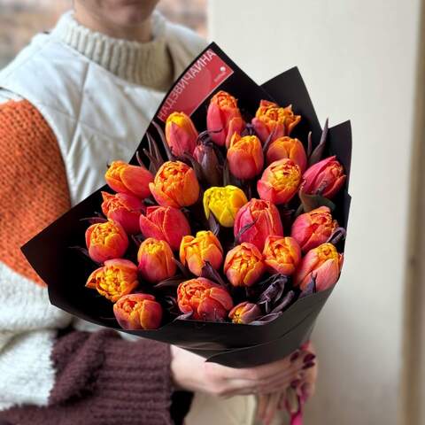 25 тюльпанов Vip Roses в букете «Яркий огонёк», Квіти: Тюльпан Vip Roses, 25 шт. 