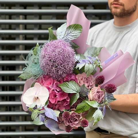 Bouquet «Twilight meeting», Flowers: Hydrangea, Allium, Phalaenopsis, Rose, Stipa, Raspberry twigs