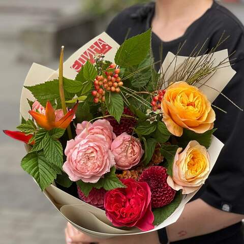 Interesting bright bouquet «Tropical Valley», Flowers: Pion-shaped rose, Celosia, Dahlia, Heliconia, Peony Spray Rose, Rubus Idaeus