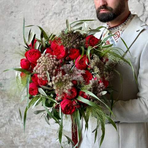 Fantastic bouquet of Piano spray peony roses «Secret of Love», Flowers: Peony Spray Rose, Ammi, Panicum, Olives
