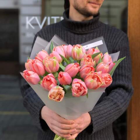 Photo of 25 premium Etched Salmon peony shaped tulips in a bouquet «Bright Touch»