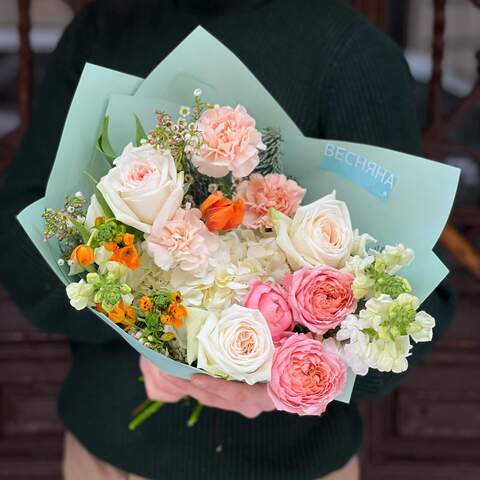Bouquet «Orange dawn», Flowers: Pion-shaped rose, Tulipa, Ornithogalum, Antirinum, Hydrangea, Nobilis