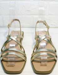 Блестящие сандали босоножки с квадратным носом Wollen M.20237D ZS Gold.