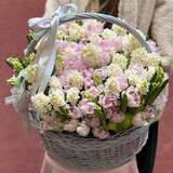 Photo of Luxurious fragrant basket with hyacinths and peony-shaped tulips «Sophisticated Harmony»