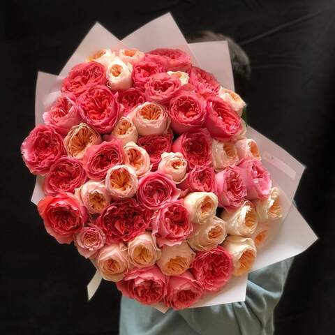 51 peony roses in a bouquet «Sweet Lychee», Flowers: Pion-shaped rose
