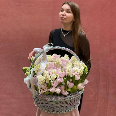 Photo of Luxurious fragrant basket with hyacinths and peony-shaped tulips «Sophisticated Harmony»