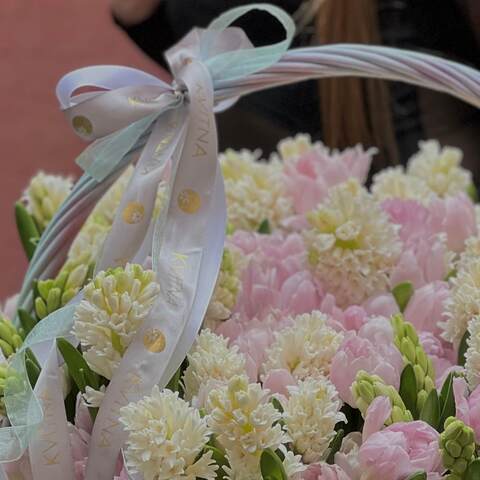 Photo of Luxurious fragrant basket with hyacinths and peony-shaped tulips «Sophisticated Harmony»