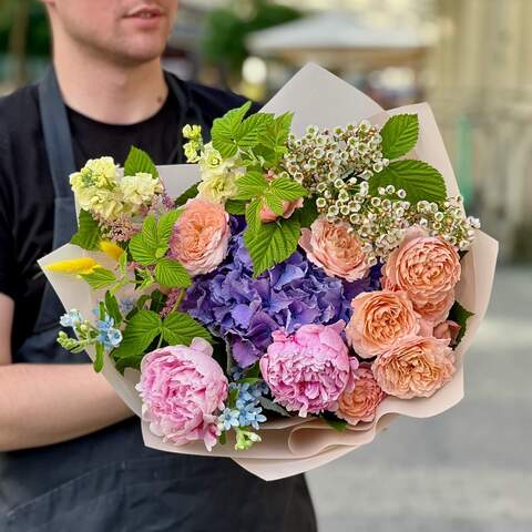 Multicolored bouquet with fragrant peonies «Watercolor Garden», Flowers: Hydrangea, Matthiola, Chamelaucium, Peony Spray Rose, Rubus Idaeus, Oxypetalum, Paeonia, Lagurus, Astilbe