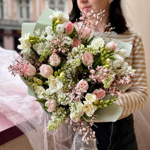 Photo of Exquisite bouquet with lilacs and freesias «Spring embrace»