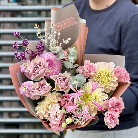 Bouquet «Pleasant Memories», Flowers: Rose, Eustoma, Matthiola, Dahlia, Merine, Ozothamnus, Eucalyptus