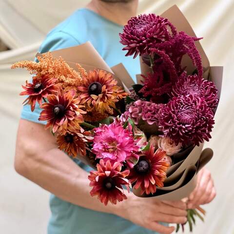 Interesting bouquet «Gifts of the Fields», Flowers: Celosia, Chrysanthemum, Peony Spray Rose, Amaranthus Dark, Рудбекія, Alstroemeria, Skimmia, Rubus Idaeus