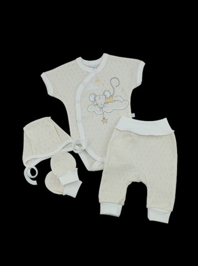 Комплект 4в1: боді-футболка, шапочка, штани, царапки “Мишеня”, рібана ажур ТМ “Mario Kids”