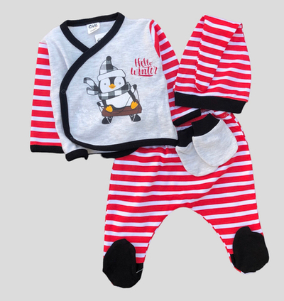 Комплект 4в1: сорочечка, повзунки, шапочка, царапки "Пінгвін", бавовна (56 см)