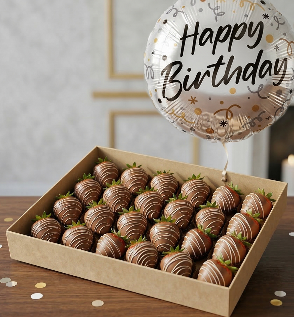 Полуниця у молочному шоколаді та кулька "Happy Birthday"