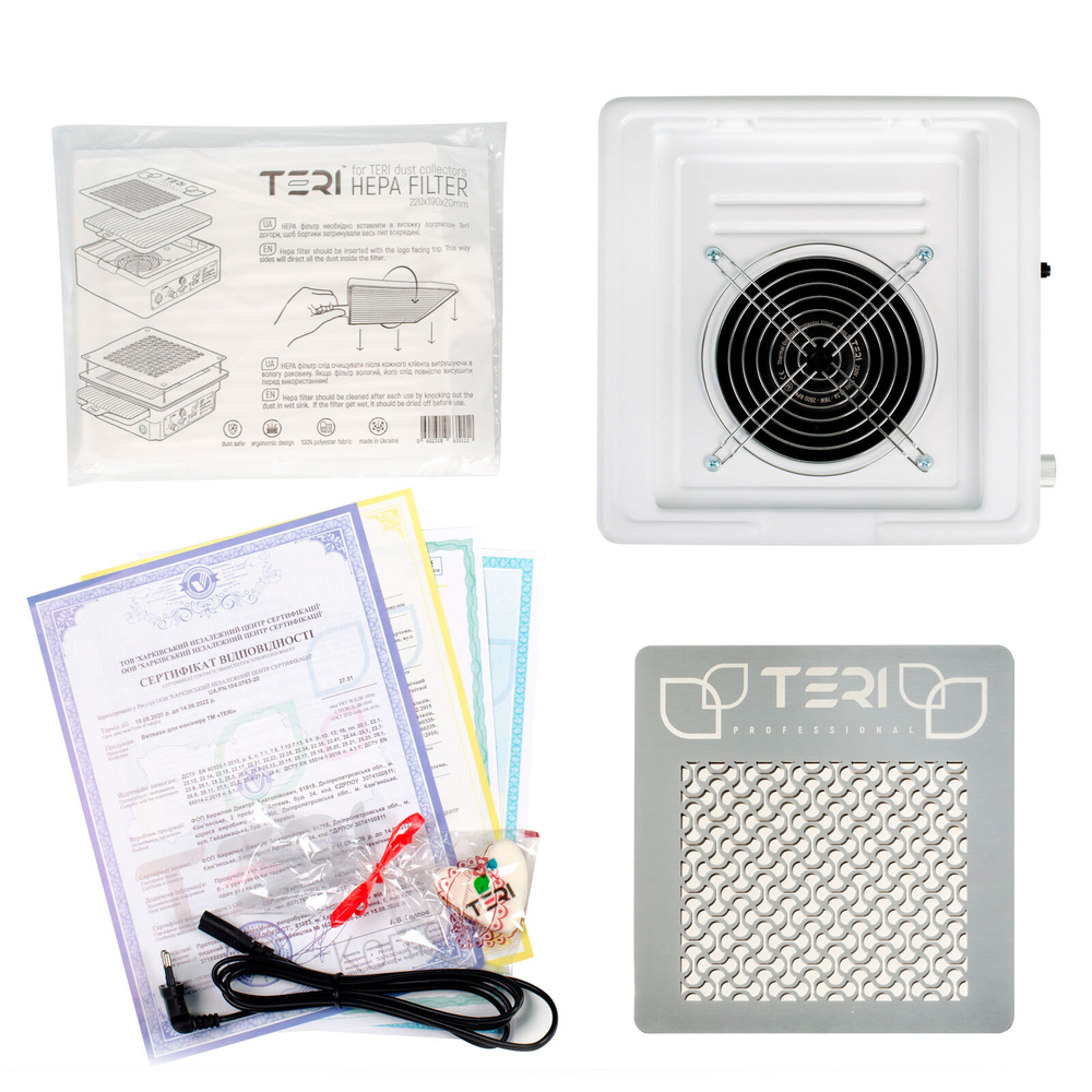 Настольная маникюрная вытяжка с HEPA фильтром Teri 800, цвет белый (сетка белая)
