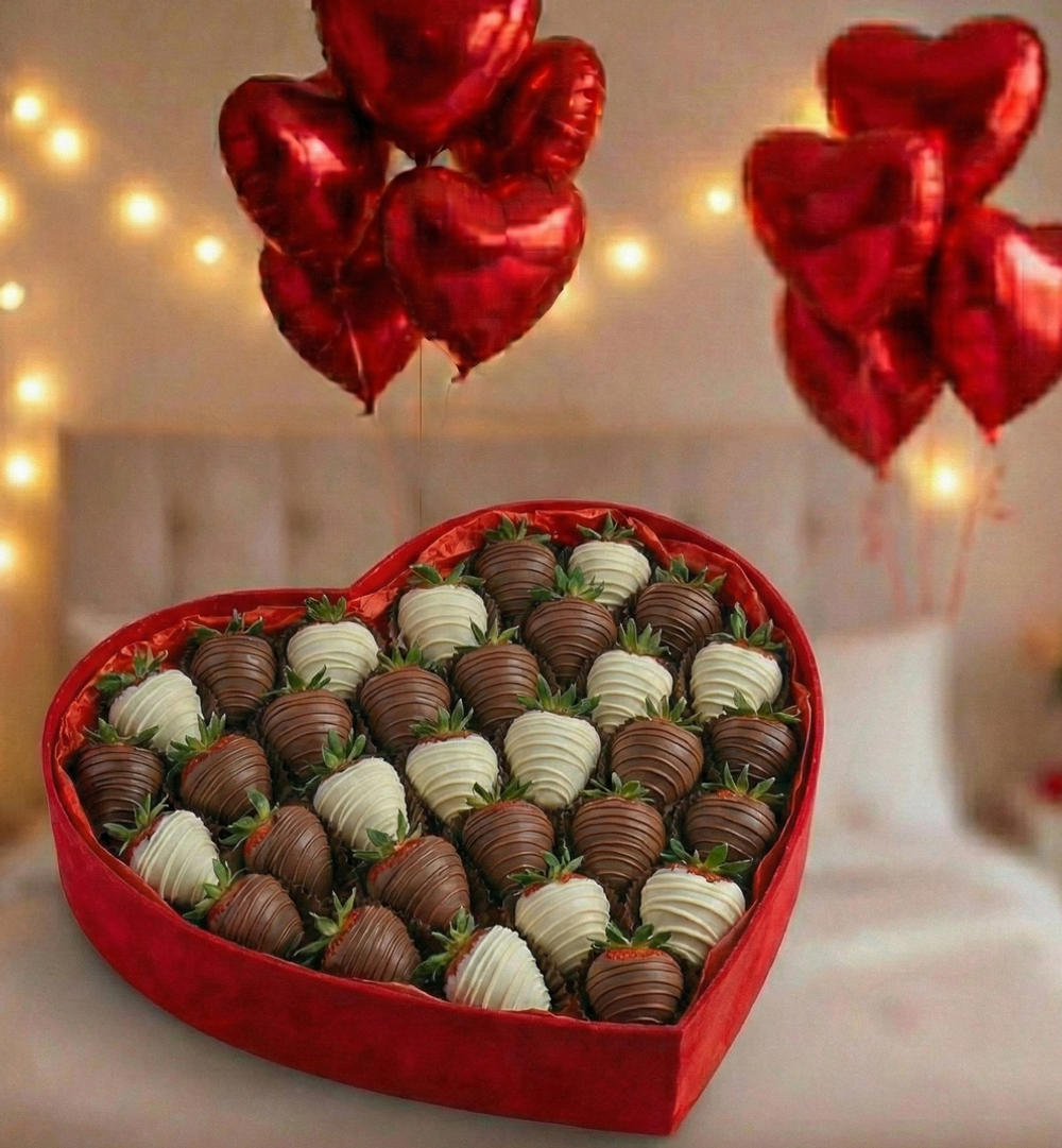 Полуниця у молочному та білому шоколаді у стандартній коробці серце + кульки сердечки 9 шт