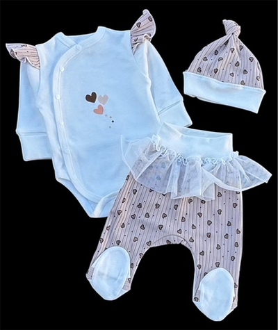 Комплект 3в1: боді з довгим рукавом, повзунки, шапочка "Серденько", інтерлок, трикотаж рубчик ТМ “Happy ТОТ”