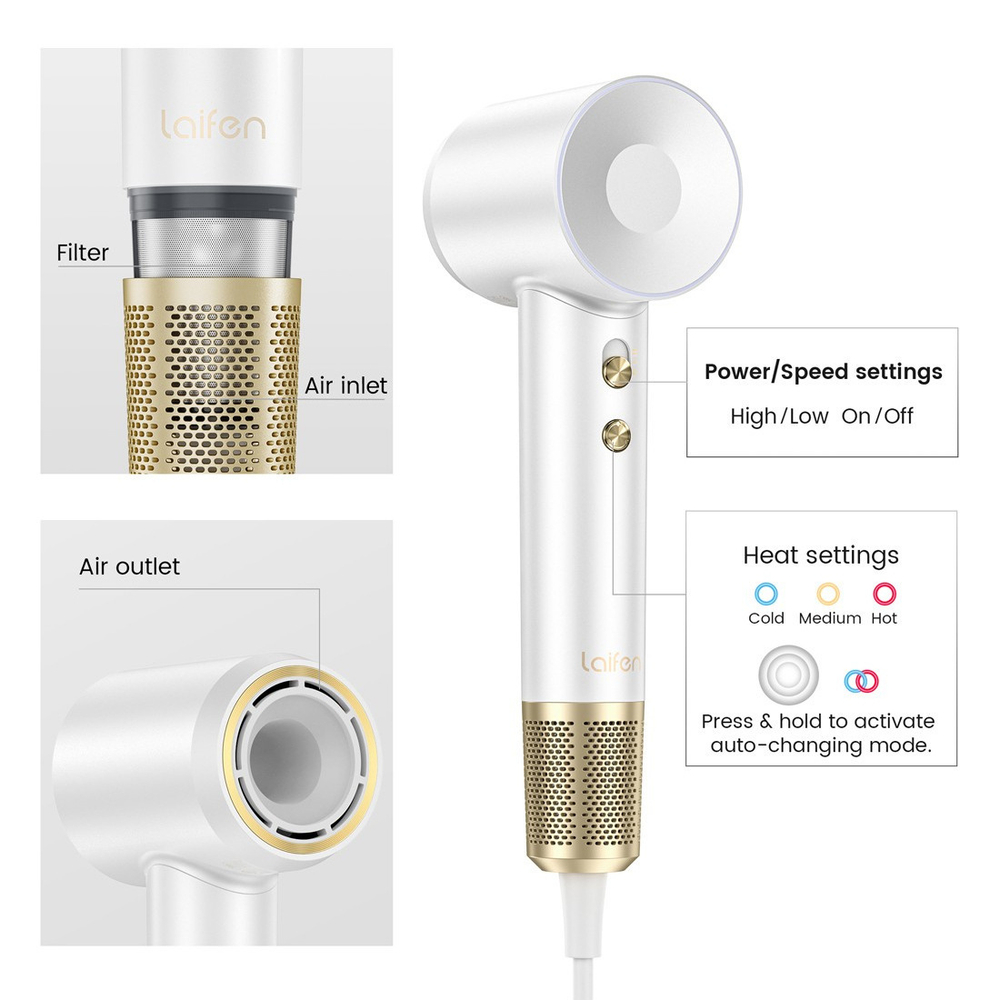 Комплект фен Laifen Swift Premium профессиональный с сумкой, 2 насадки, белый