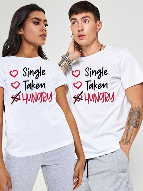 Набір жіноча і чоловіча футболка біла Single Taken Hungry Love&Live