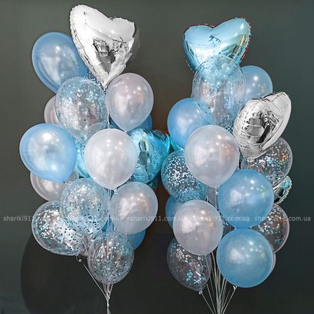 Шарики пастельные голубые, белые, серебро