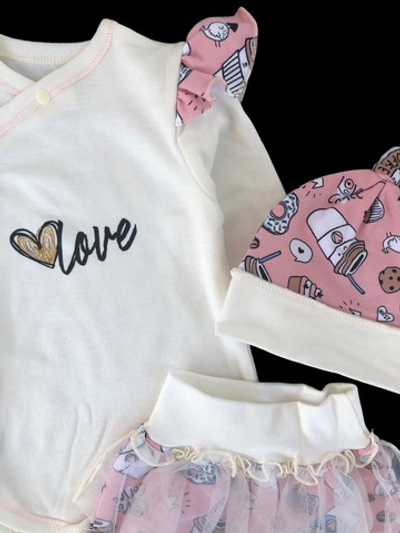 Комплект 3в1: боді з довгим рукавом, повзунки, шапочка "Принт", інтерлок ТМ "Happy ToT"