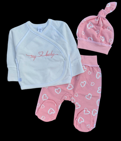 Комплект 3в1: сорочечка, шапочка, повзуни "Сердечки", футер ТМ “Mario Kids” (56 см)