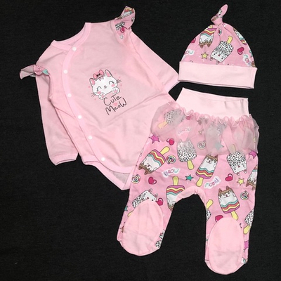 Комплект 3в1 : боді з довгим рукавом, повзунки, шапочка «Cute Meow», кулір ТМ "Happy TOT" (56 см)