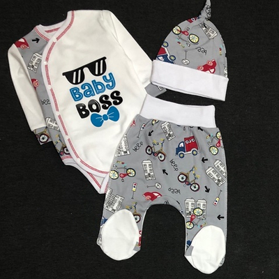 Комплект 3в1 : боді з довгим рукавом, повзунки, шапочка «Baby Boss», інтерлок ТМ "Happy TOT" (56 см)