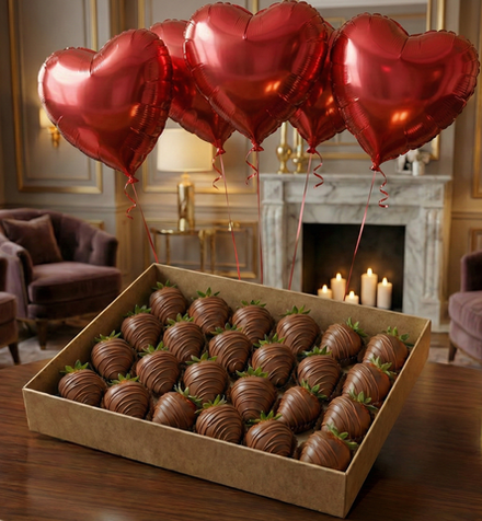 Класична полуниця у молочному шоколаді + кульки червоні сердечки 5 шт