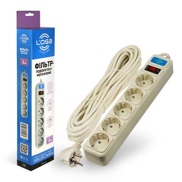 Мережевий фільтр-подовжувач LOGA 3м 5 розеток із заземленням та вимикачем 1800Вт 250В 10А