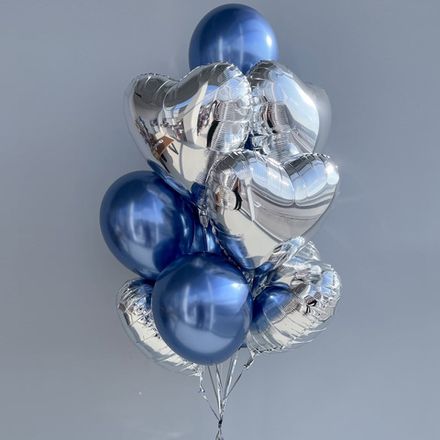 Шарики с гелием хром синие и серебро сердца