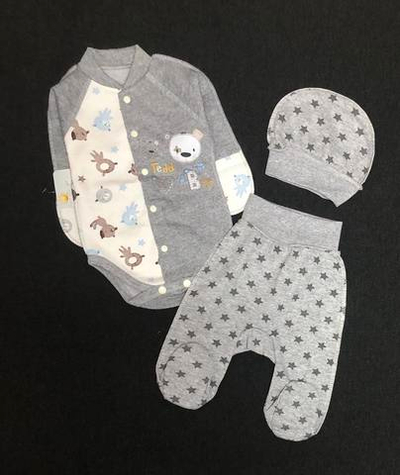 Комплект 3в1 : боді з довгим рукавом, повзунки, шапочка «Принт», футер ТМ "Happy TOT" (56 см)