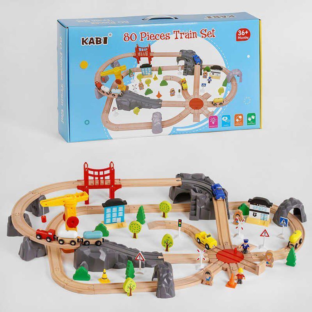 Железная дорога C 46265 (4) 80 элементов, поезд, 2 вагона, 2 машинки, игровые фигурки, постройки, декорации, в коробке