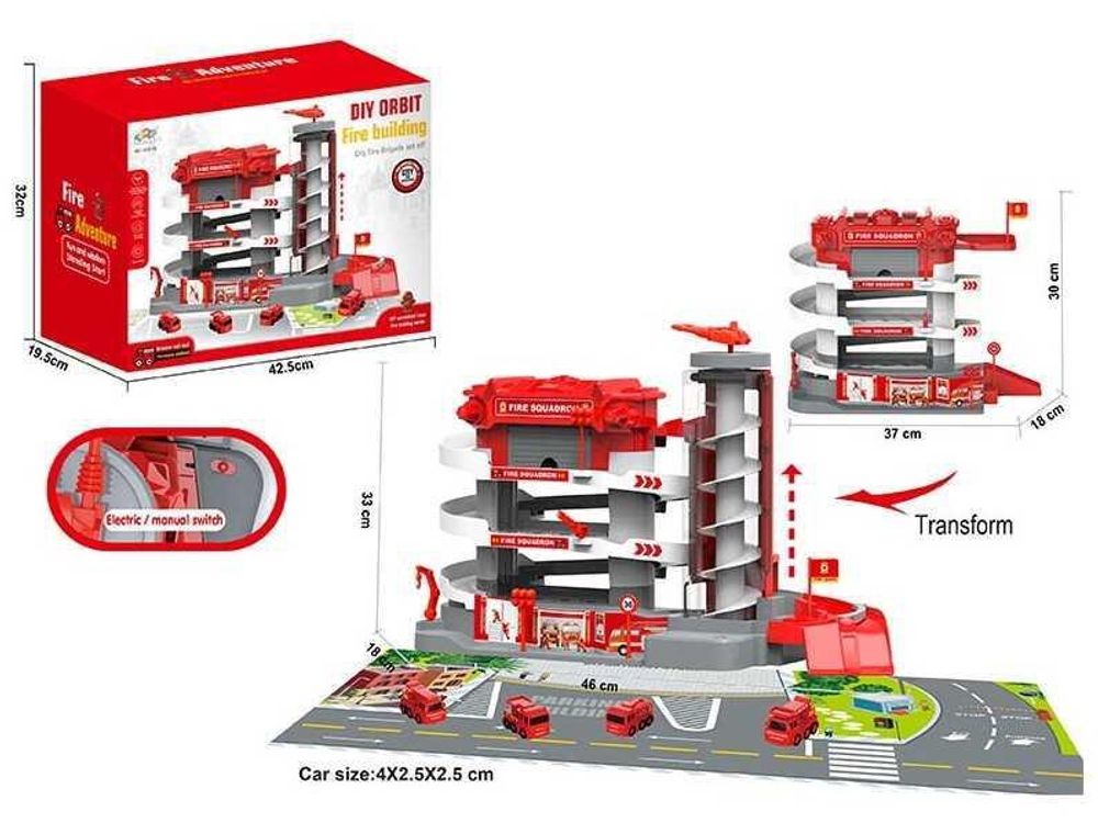 Парковка 1232-13 (8) “Пожарная”, свет, звук, электрический лифт, 4 этажа, 4 машинки, в коробке