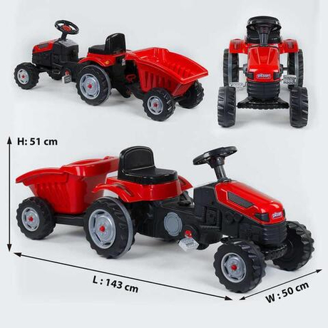 Трактор педальный с прицепом Pilsan 07-316 RED (1) клаксон на руле, сидение регулируемое, задние колеса с резиновыми накладками, в коробке