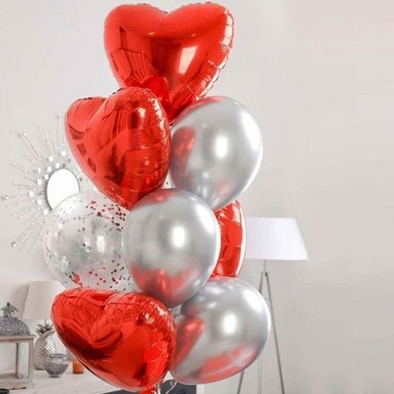 Шарики красные сердечки и серебряные хром шары
