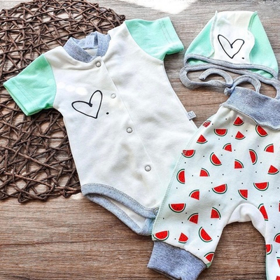 Комплект 3в1: боді з коротким рукавом, шапочка, штани “Кавунчик”, інтерлок ТМ “Sweet Mario”