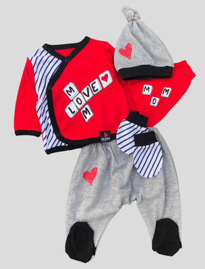 Комплект 5в1: сорочечка, повзунки, слюнявчик, шапочка, царапки "Я люблю маму і тата", бавовна (56 см)