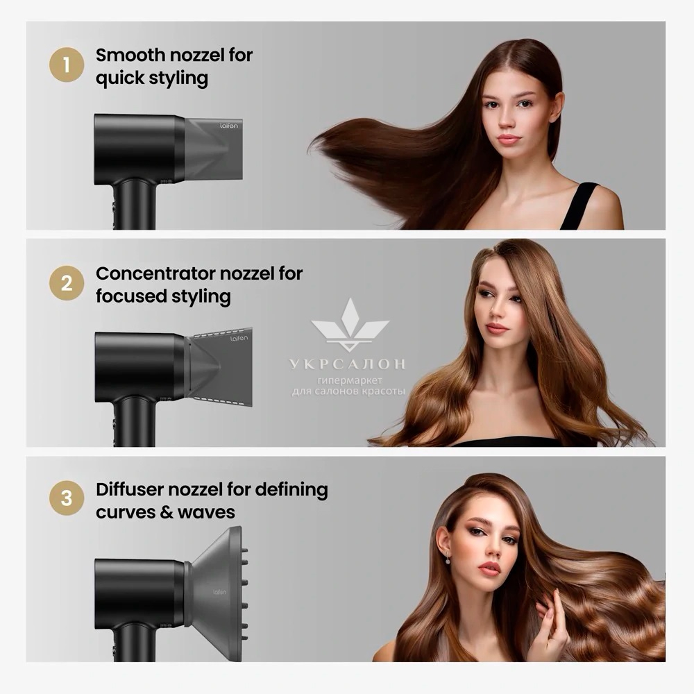 Фен Laifen профессиональный с ионизацией, 3 насадки, черный