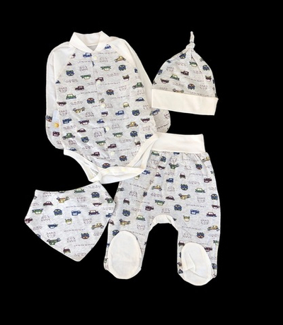 Комплект 4в1: боді з довгим рукавом, повзунки, шапочка, слюнявчик, кулір ТМ "Happy TOT"