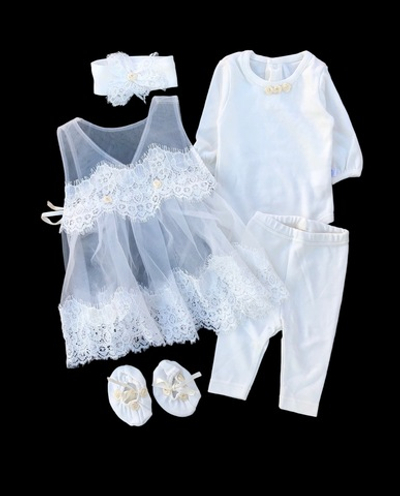 Комплект 4в1: боді з довгим рукавом, сукня, штани, пов'язка, пінетки "Балеринка", інтерлок, фатин ТМ "Sweet Mario" (56 см)