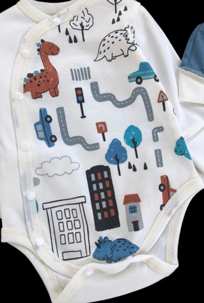 Комплект 3в1: боді з довгим рукавом, повзунки, шапочка "Принт", інтерлок ТМ "Happy ToT" (56 см)