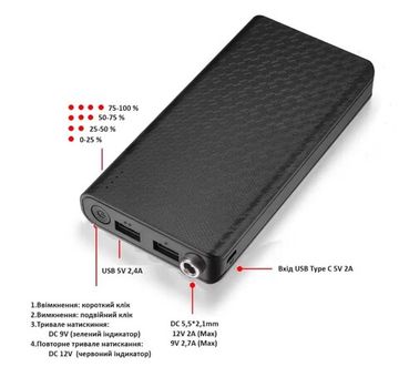 Джерело живлення для роутера/терміналу ONU повербанк Voltronic DC1024 USB 5V/2A, DC9V 2.7A/12V 2A, 24W 14000mAh