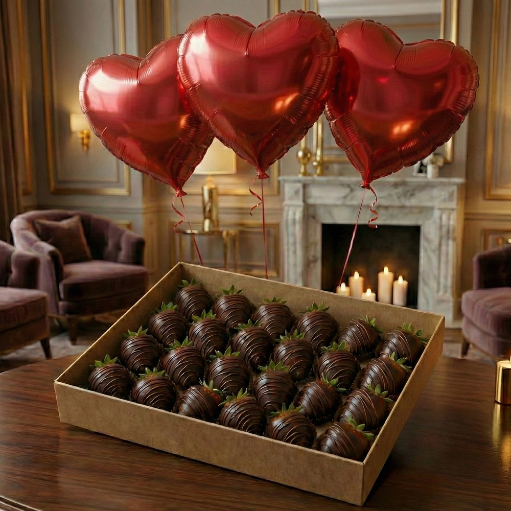 Класична полуниця у чорному шоколаді + кульки червоні сердечки 3 шт