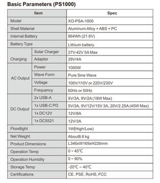 Портативна електростанція XO-PSA-1000 (1000W 864Wh)
